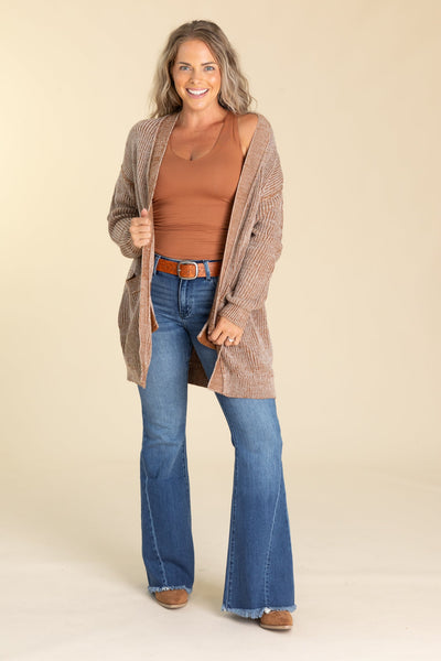 Camel Open Knit Cardigan with Pockets