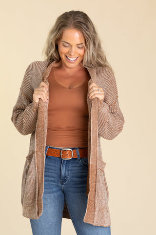 Camel Open Knit Cardigan with Pockets