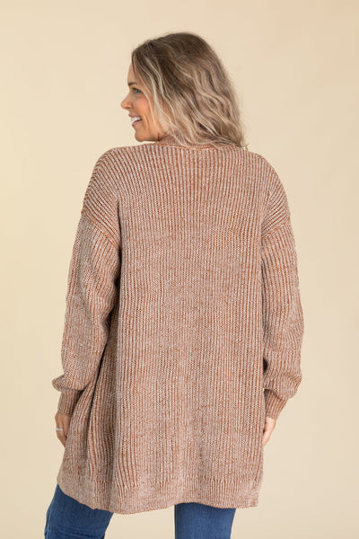 Camel Open Knit Cardigan with Pockets