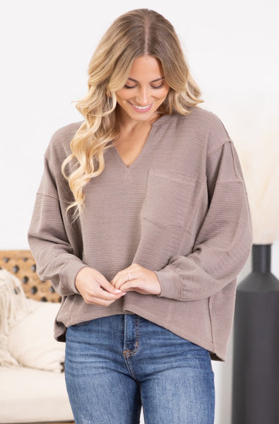 Mocha V-Neck Textured Top