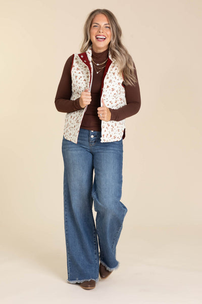 Cream & Burgundy Floral Quilted Puffer Vest