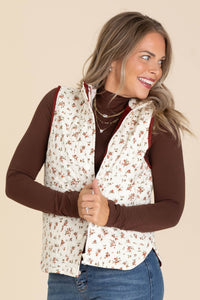Cream & Burgundy Floral Quilted Puffer Vest