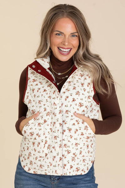 Cream & Burgundy Floral Quilted Puffer Vest