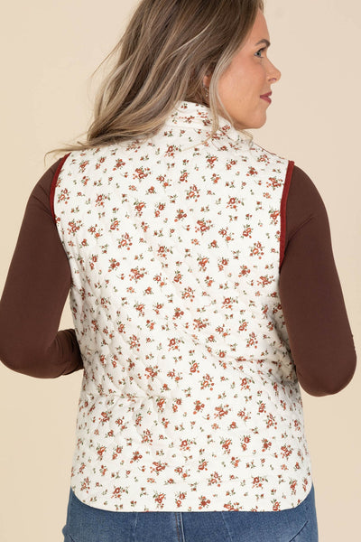 Cream & Burgundy Floral Quilted Puffer Vest