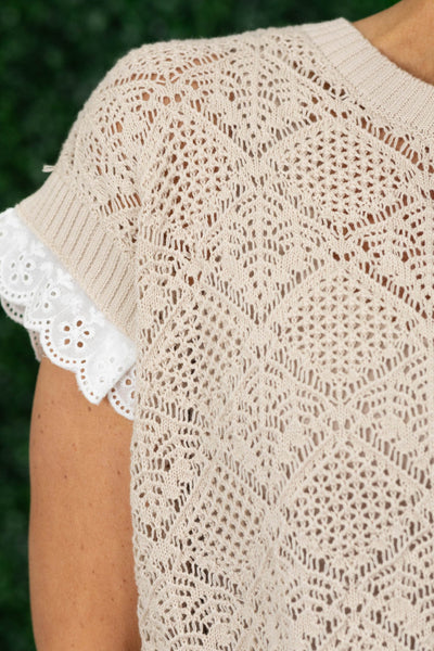 Taupe Eyelet & Lace Short Sleeve Sweater