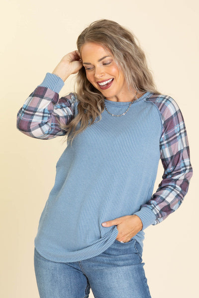 Vintage Blue & Plaid Ribbed Top (S-3XL)