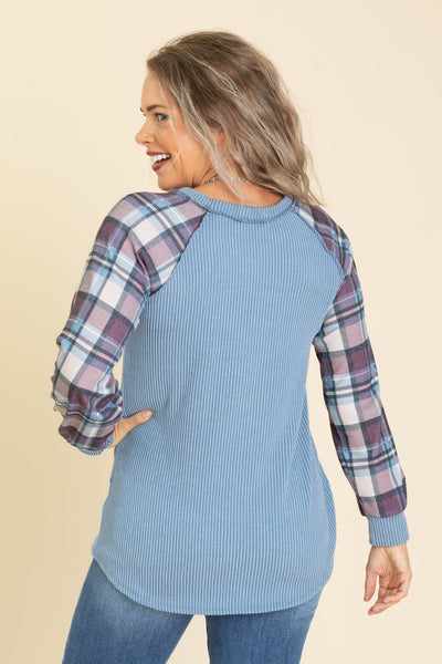Vintage Blue & Plaid Ribbed Top (S-3XL)