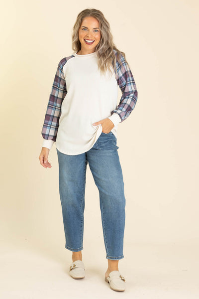 Cream & Plaid Ribbed Top