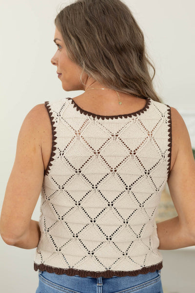 Cream Contrast Stitch Crochet Knit Vest