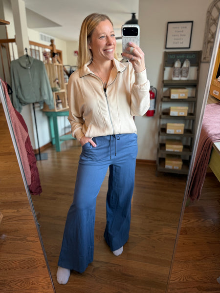 Dusty Navy Cotton Wide Leg Pants