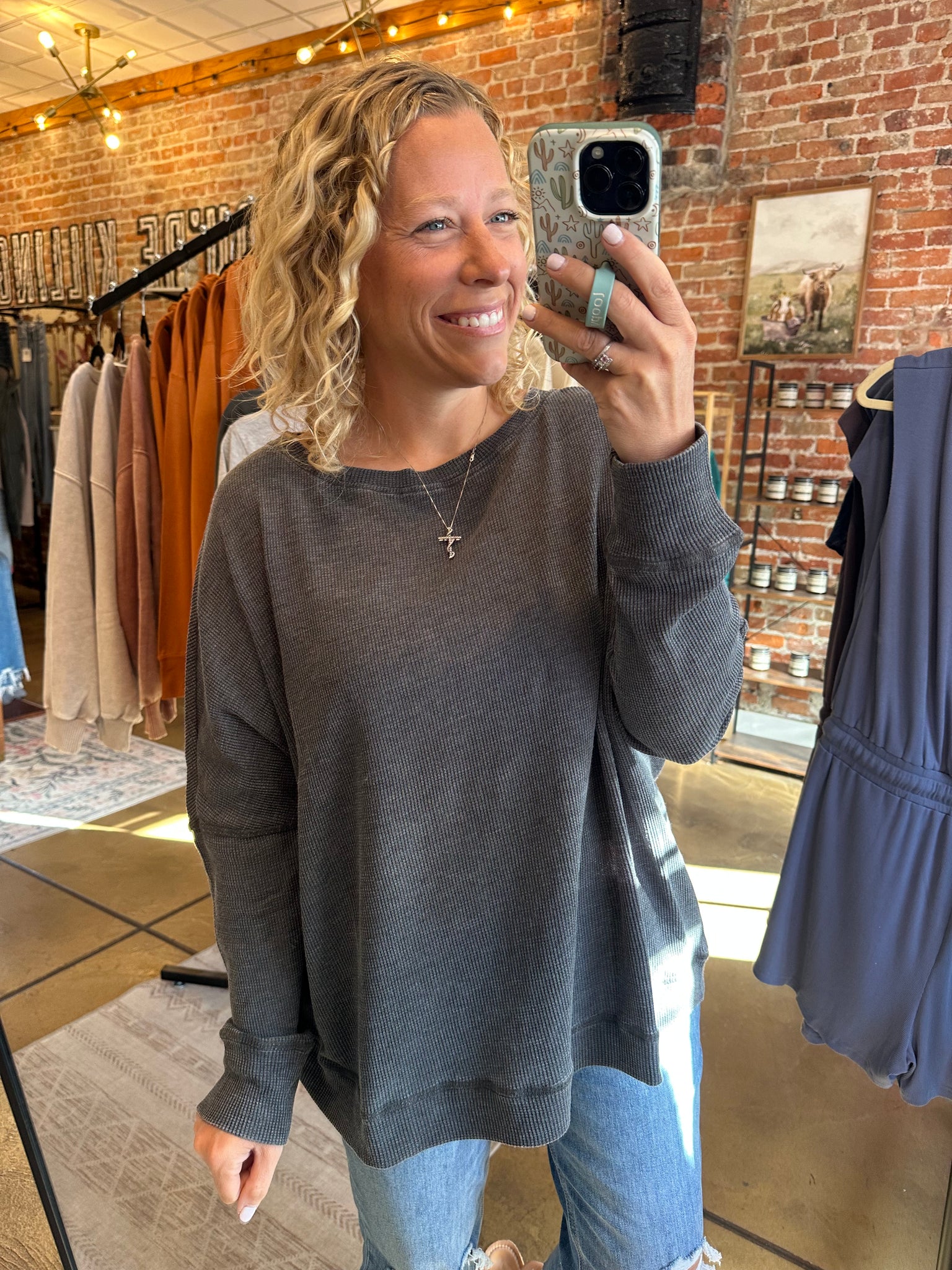 Black Mineral Wash Waffle Ribbed Pullover