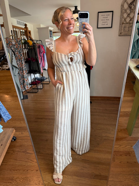 Beige Striped Cotton Gauze Wide Leg Jumper