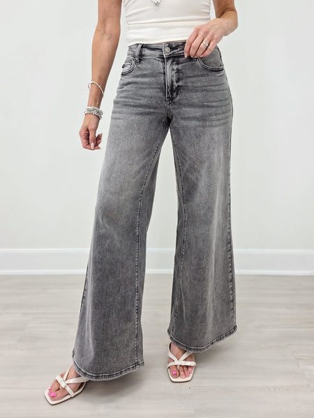 Judy Blue Sloane Grey Mid-Rise Palazzo Split Back Yoke