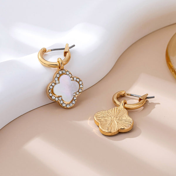 Gold Rhinestone Clover Drop Hoop Earrings