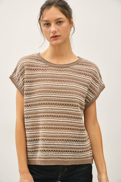Mocha Striped Open Knit Sweater