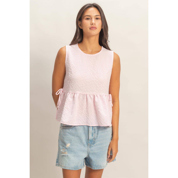 Pink Gingham Sleeveless Peplum Top