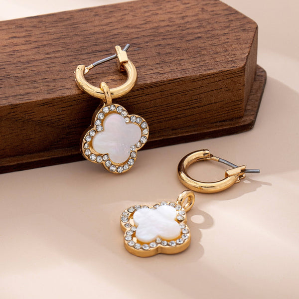 Gold Rhinestone Clover Drop Hoop Earrings