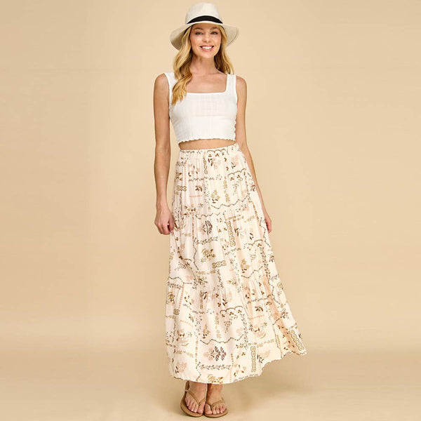 Cream Floral Patchwork Tiered Maxi Skirt