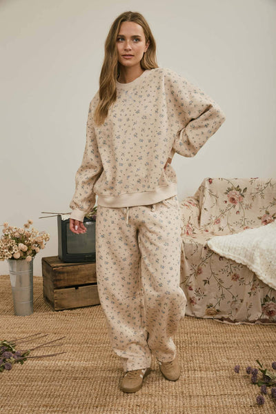 Oatmeal Ditsy Floral Drawstring Wide Leg Pants