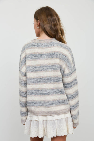 Light Gray and Mocha Heathered Stripe Knit Sweater