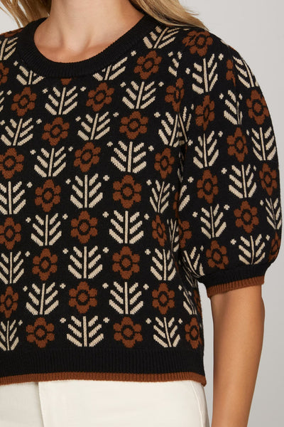 Black Floral Short Sleeve Sweater