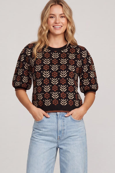 Black Floral Short Sleeve Sweater