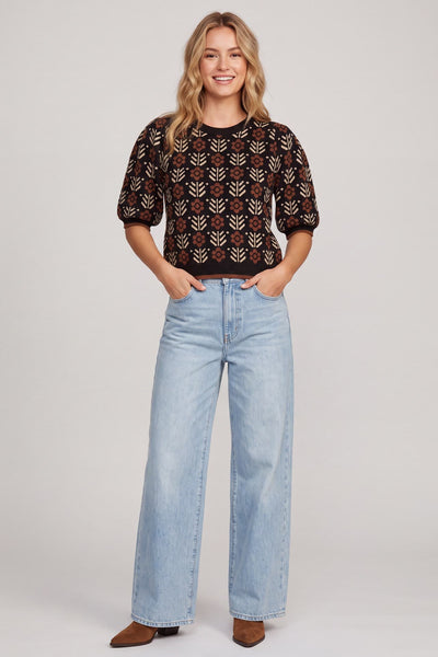 Black Floral Short Sleeve Sweater