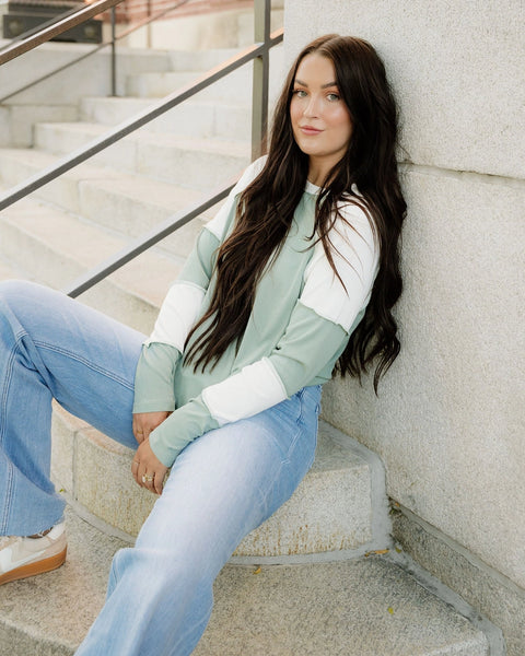 Sage Ribbed Color-Block Patchwork Raglan