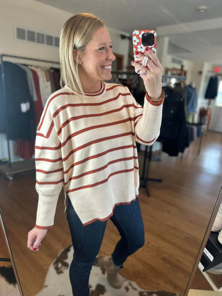 Cream & Rust Striped Knit Sweater