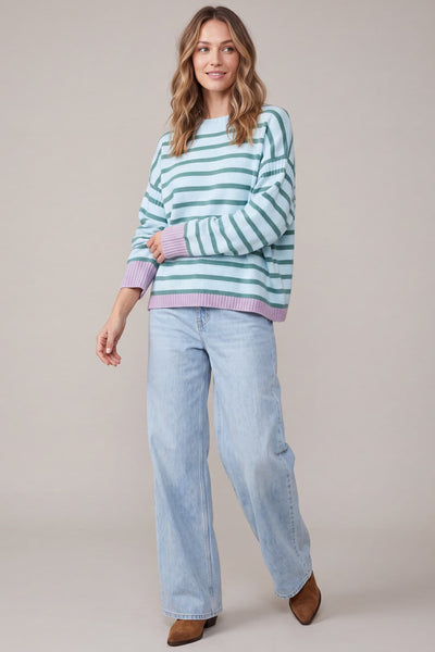 Blue Stripe Contrast Trim Sweater