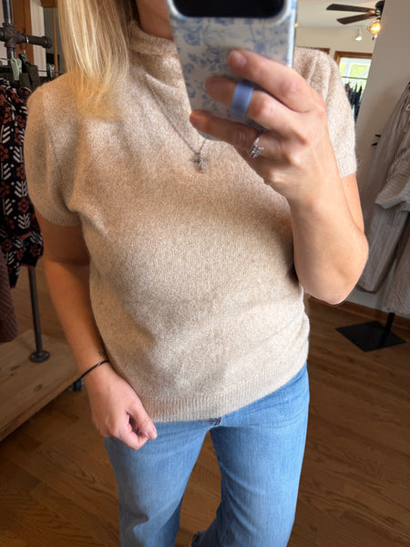 Beige Soft Short Sleeve Mock Neck Sweater