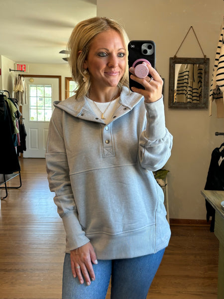 Heather Grey Button Hooded Pullover