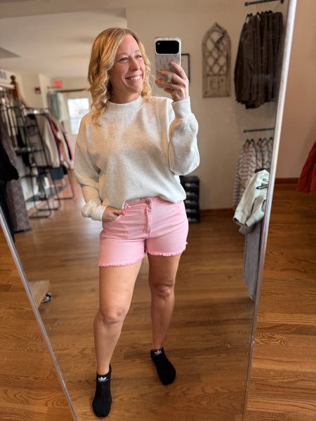 Zenana Ash Pink Acid Wash Frayed Hem Shorts