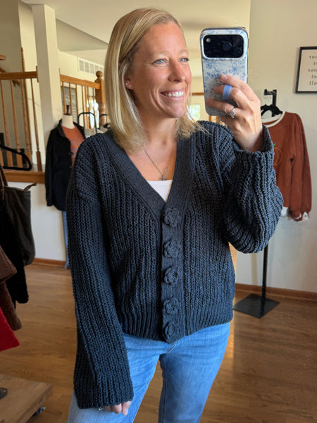Charcoal Chenille Flower Button Cardigan