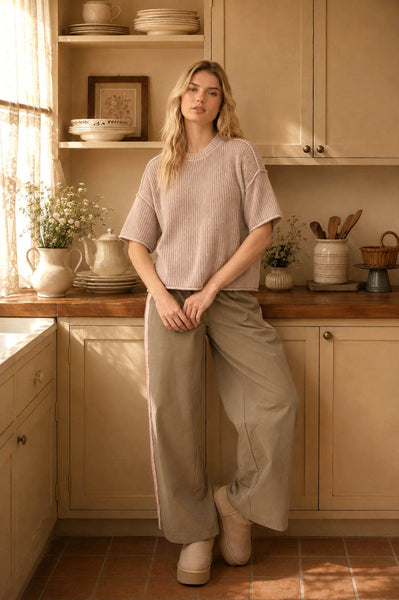Light Khaki Acid Wash Short Sleeve Sweater