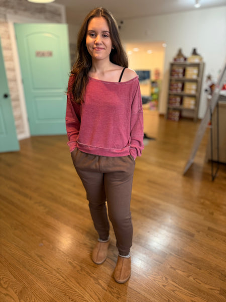 Garnet Red Raw Edge Waffle Knit Pullover