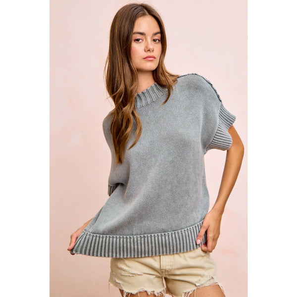 Smoke Grey Acid Wash Short Sleeve Sweater