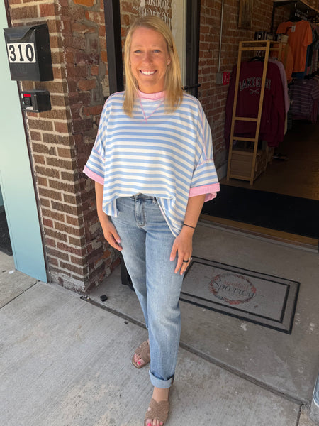 Light Blue & Pink Stripe Pullover Top