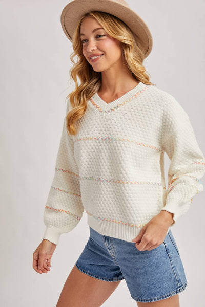 Ivory Rainbow Thread Waffle Knit Sweater