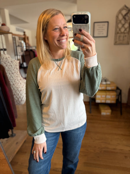 Olive & Oatmeal Waffle Color-Block Raglan