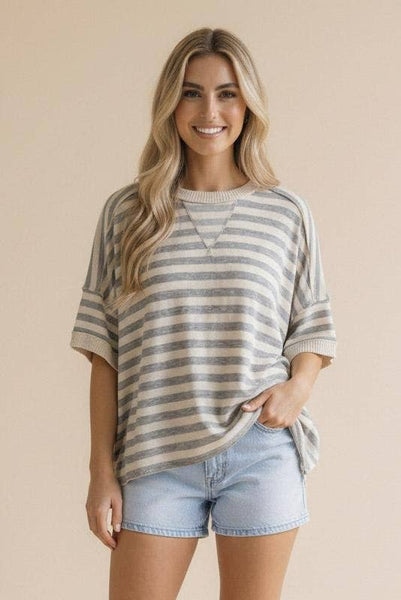 Heather Grey & Oatmeal Stripe Pullover Top