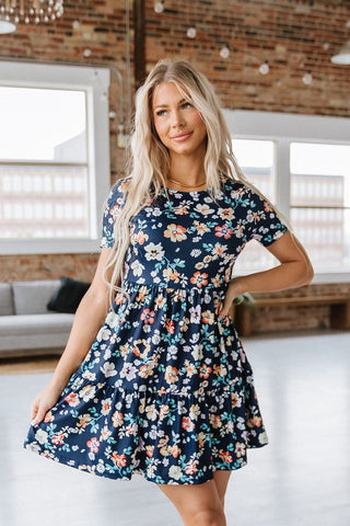 Navy Floral Tiered Midi Dress