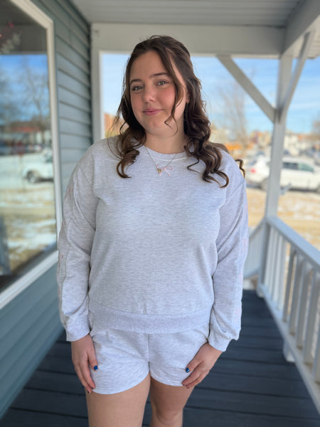 Heather Gray Bow Embroidered Sweatshirt & Shorts Set
