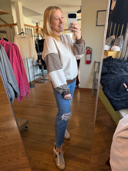 Oatmeal & Taupe Striped Color-Block Top