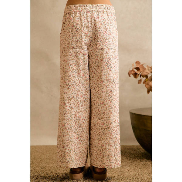 Cream Floral Cotton Wide Leg Pants