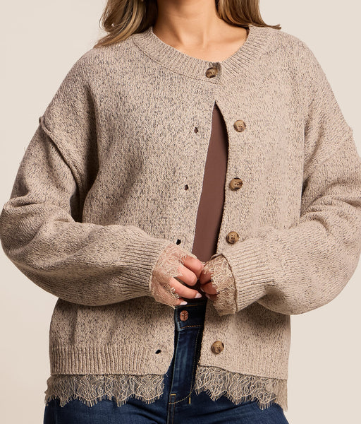 Lace Trim Exposed Seam Button Down Knit Cardigan