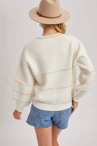 Ivory Rainbow Thread Waffle Knit Sweater