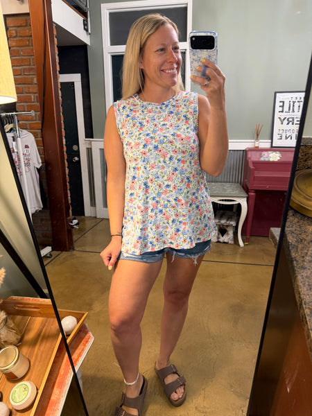 Ivory & Blue Floral Sleeveless Top