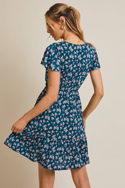 Teal Disy Floral Short Sleeve Dress