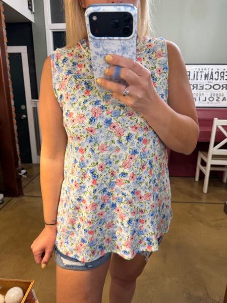 Ivory & Blue Floral Sleeveless Top